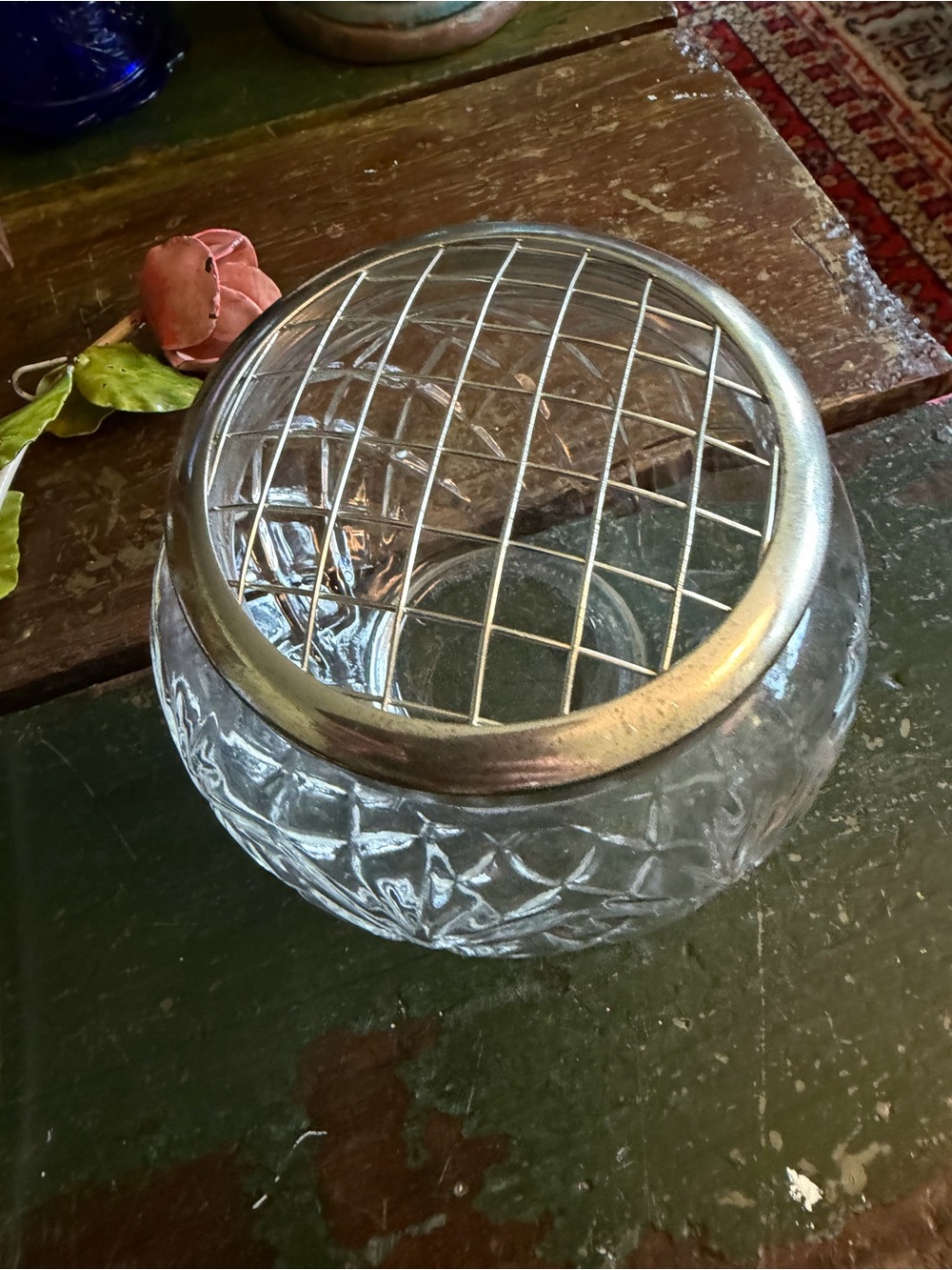 Vintage Cut Crystal Embossed Rose Bowl With Metal Frog, Canada #12